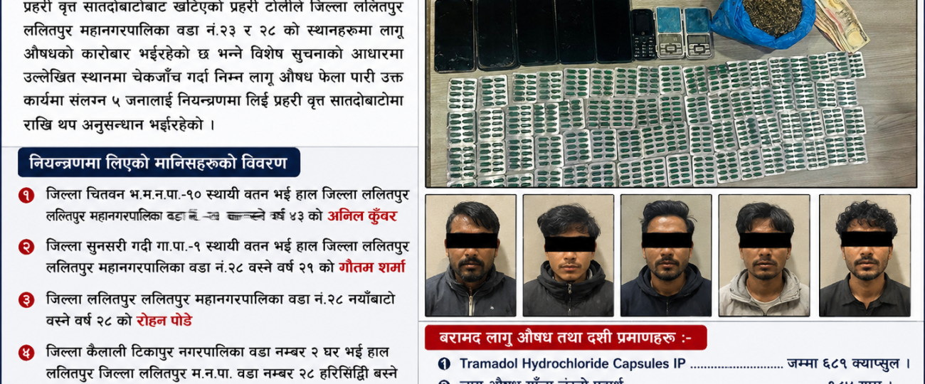 लागू औषधसहित ५ जना पक्राउ, ट्रामाडोल क्याप्सुल र गाँजा बरामद